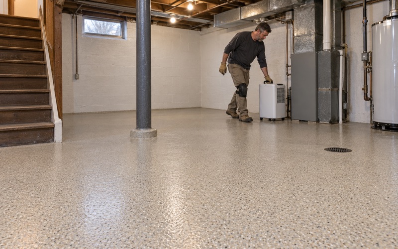 A dehumidifier rolled back into place on a newly coated basement floor under a 1930s Gary bungalow.