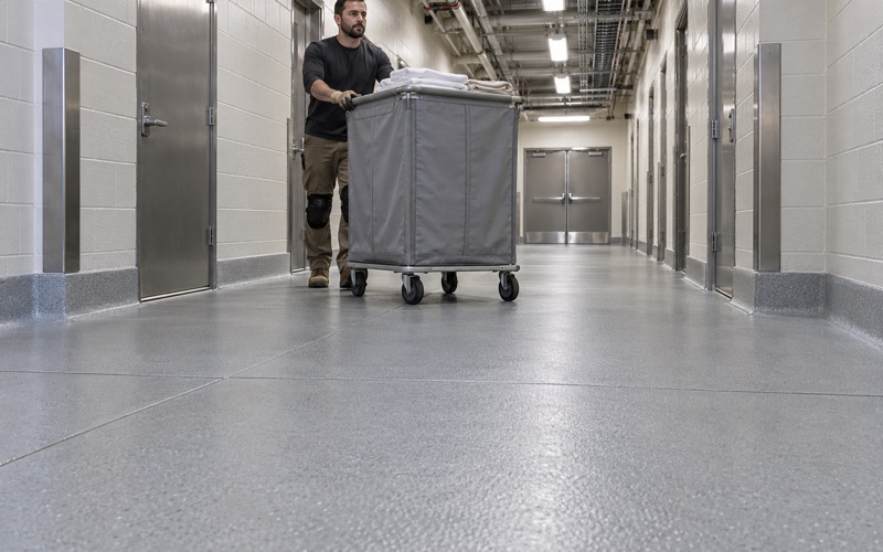 A linen cart pushed along a coated back-of-house service corridor at a large casino resort in Gary, Indiana.