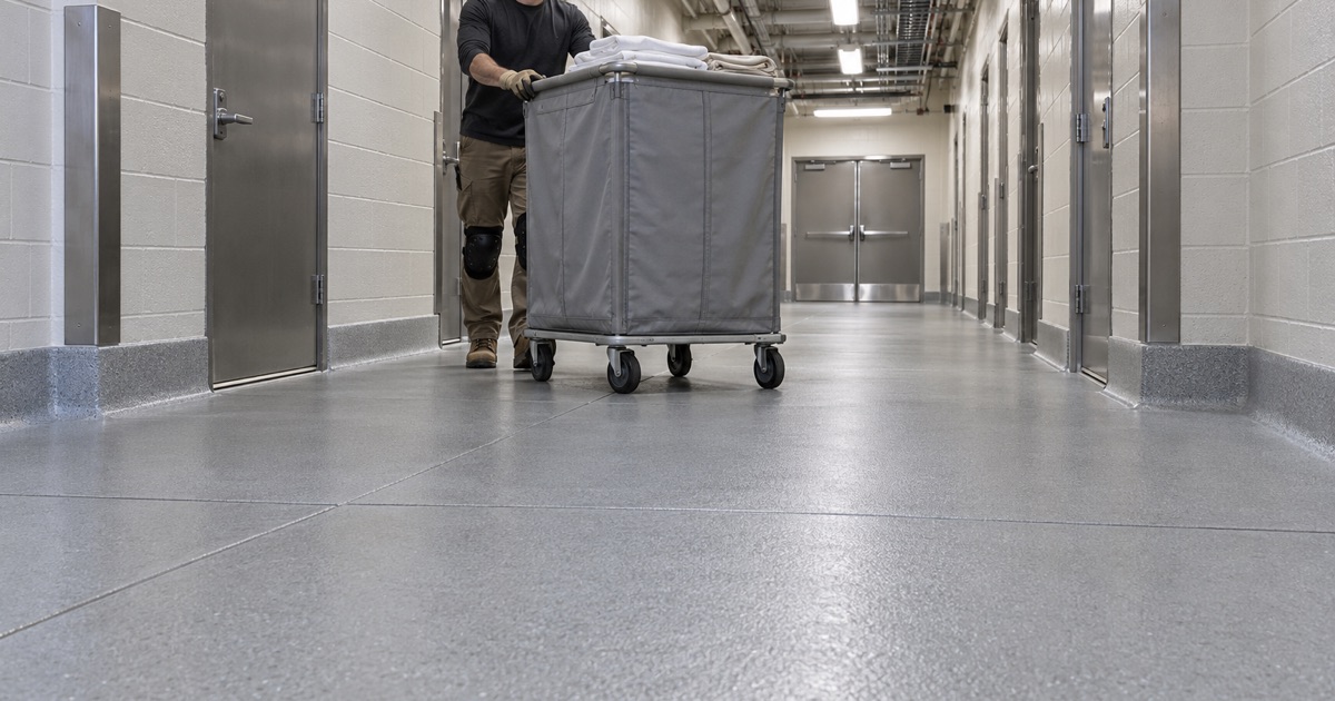 A linen cart pushed along a coated back-of-house service corridor at a large casino resort in Gary, Indiana.