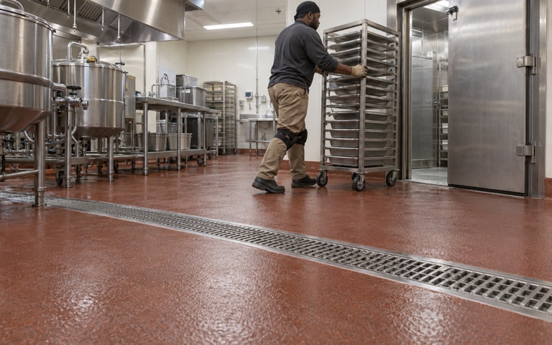 A sheet-pan rack rolled across a textured urethane cement floor in a hospital kitchen in Gary, Indiana.