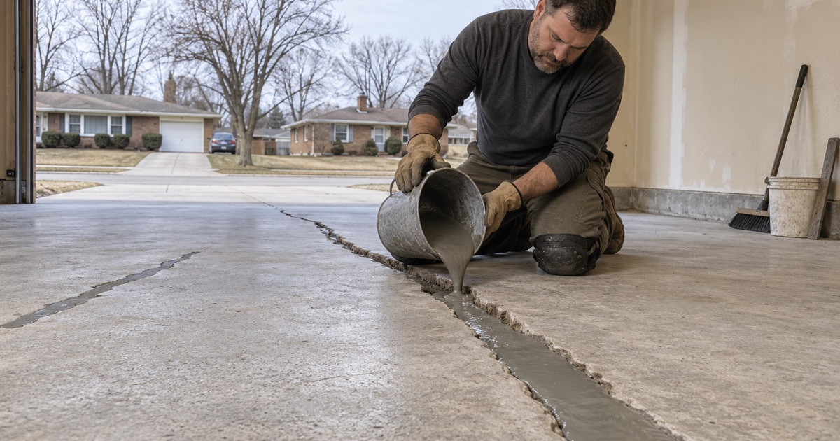 A chased-out crack being filled with repair mortar on a ground garage slab in Gary, Indiana before coating.