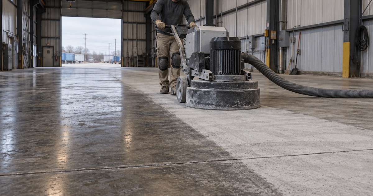 A walk-behind grinder with a dust shroud opening up the slab of a steel fabrication shop in Gary, Indiana.