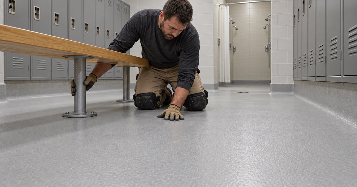 A seamless textured floor with an integral cove base in a junior high locker room in Alsip.