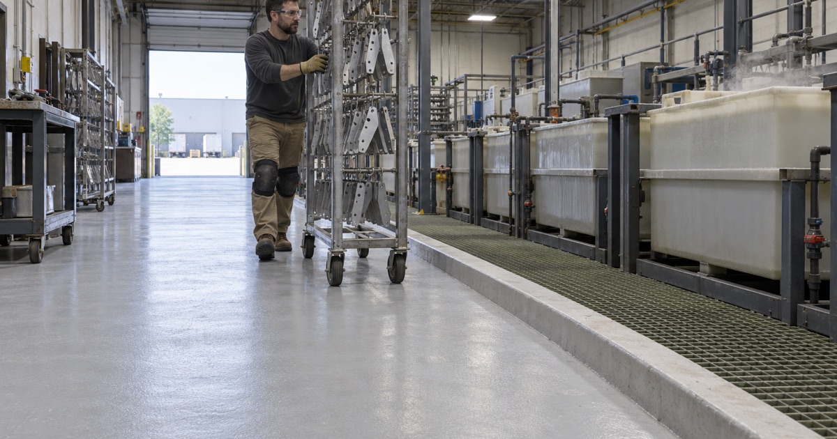 A coated aisle stopping at the grated strip-tank zone of a Bridgeview metal finishing shop.