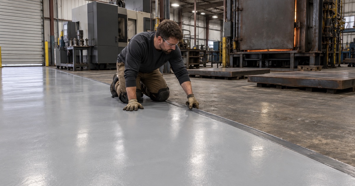 A coated machining floor ending at a steel-edged line where the heat-treat zone begins in a Chesterton, Indiana metal plant.