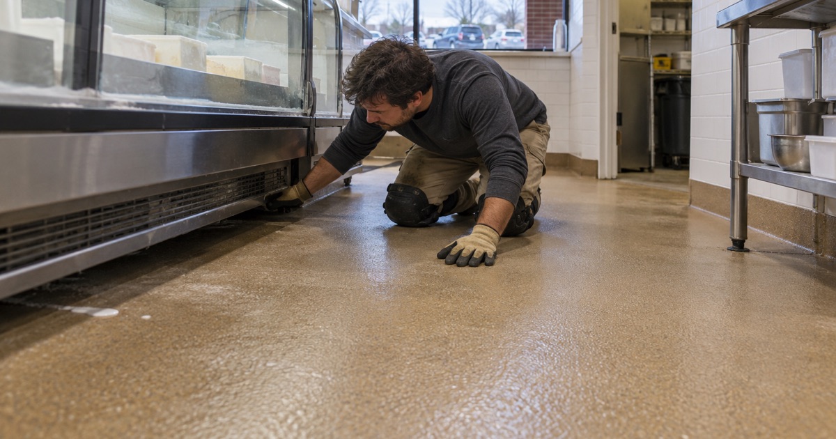 A coated floor behind a Chicago Ridge coffee counter, recoated in phases while the shop stayed open