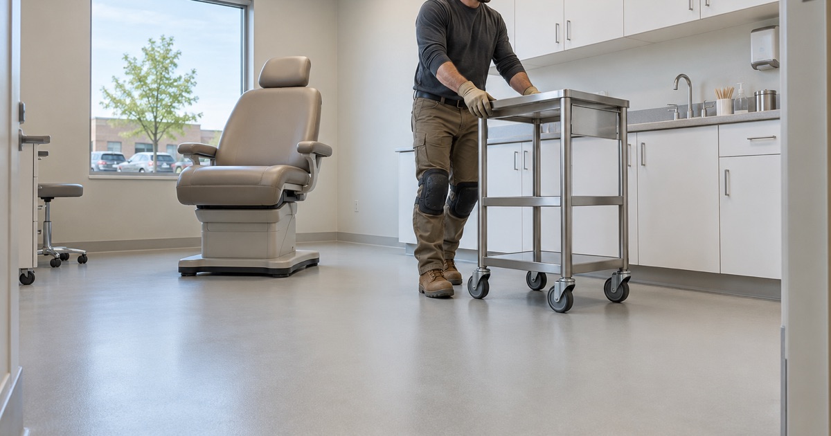 A jointless, wipe-clean floor in a Country Club Hills patient service room where a spill can be decontaminated fast