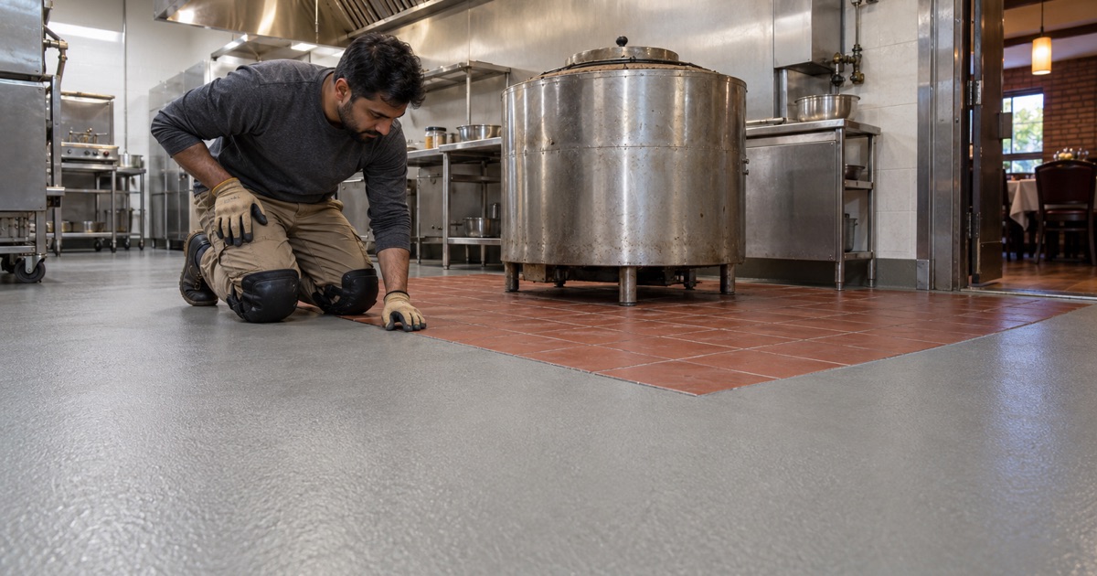 A tandoor oven standing on its noncombustible tile pad at the edge of a coated restaurant kitchen floor in Crestwood.