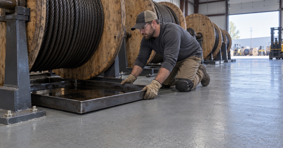 A drip tray slid under a reel of wire rope on a coated warehouse floor in Dyer, Indiana.