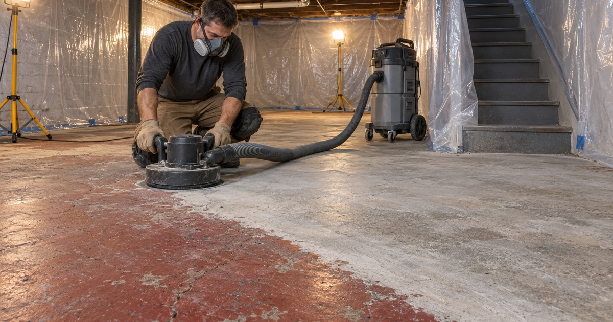Old floor paint ground off behind plastic sheeting with a shrouded grinder in an East Chicago, Indiana two-flat basement.
