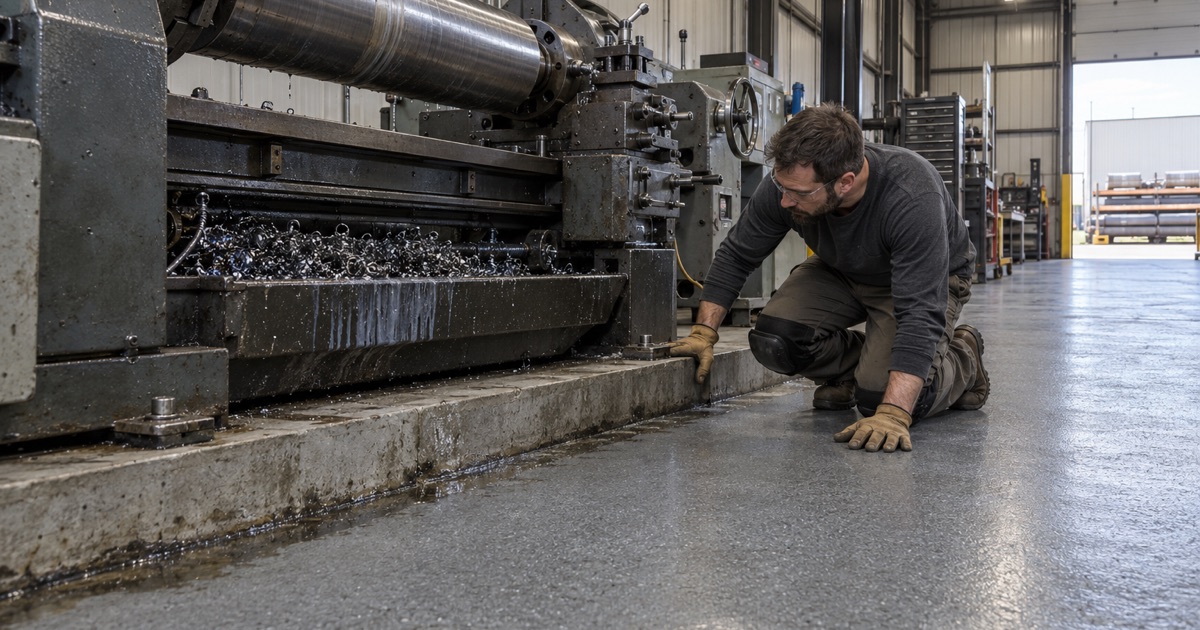 A textured coated floor beside a large lathe in a mill-equipment repair shop in Griffith, Indiana, coolant kept on the machine.