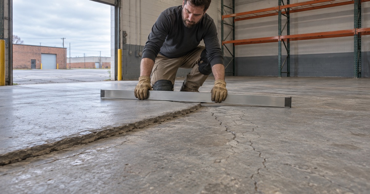 A heaved joint read with a long level on a warehouse slab over slag fill in a Hammond, Indiana industrial park.