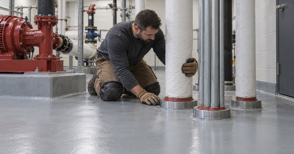 Firestop collars sealed around pipe penetrations in the coated floor of a hospital mechanical room in Harvey.