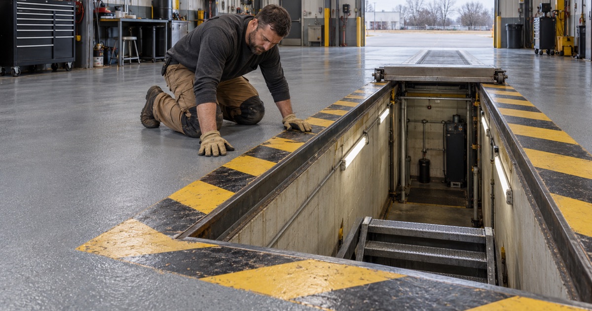 The coated floor of a school bus garage in Hickory Hills with a yellow and black striped edge around its service pit.