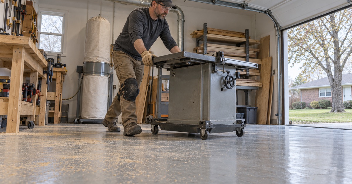 A cabinet saw rolled on its mobile base across a sealed, sweepable woodshop floor in a Hobart, Indiana garage.