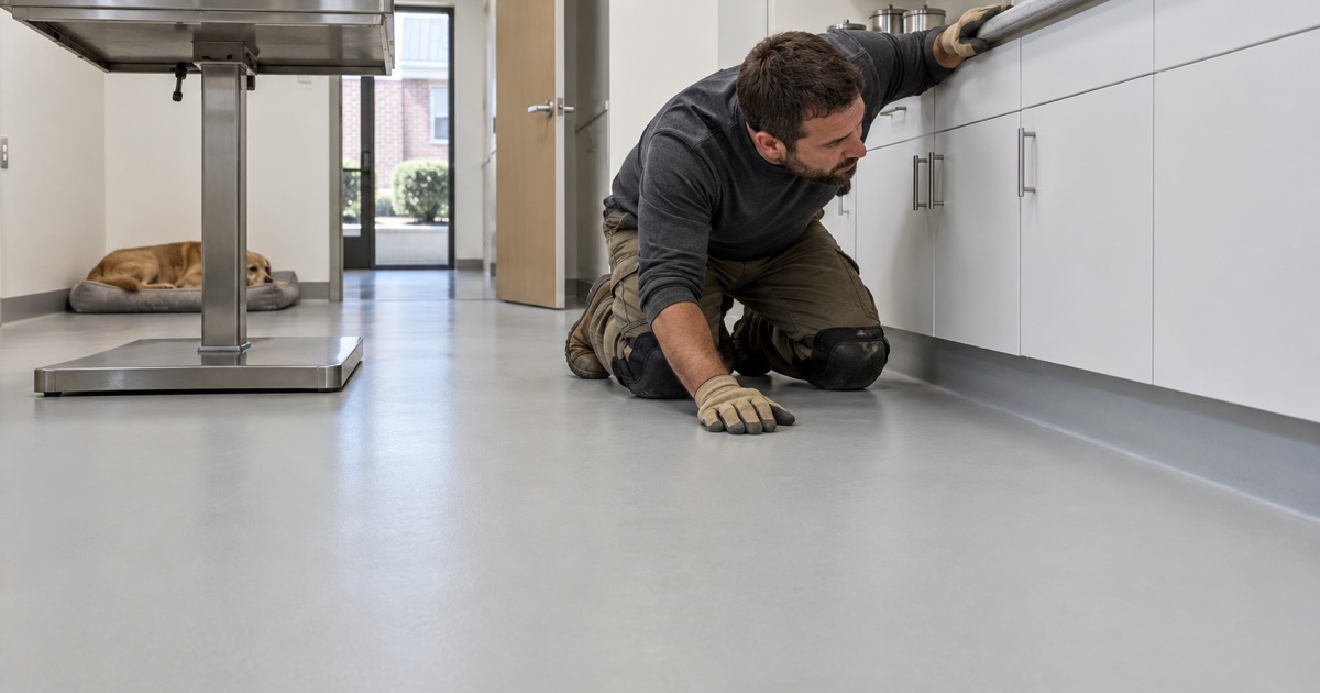 A seamless, low-scent exam room floor in a Homewood veterinary clinic with the cabinet-to-floor line sealed