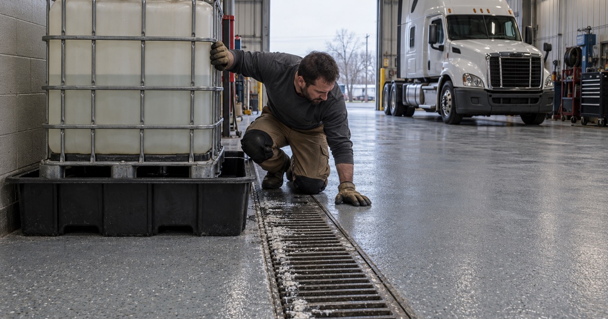 A DEF tote standing in a plastic containment tray on the coated floor of a Justice truck shop, white crystal residue on a drain grate.