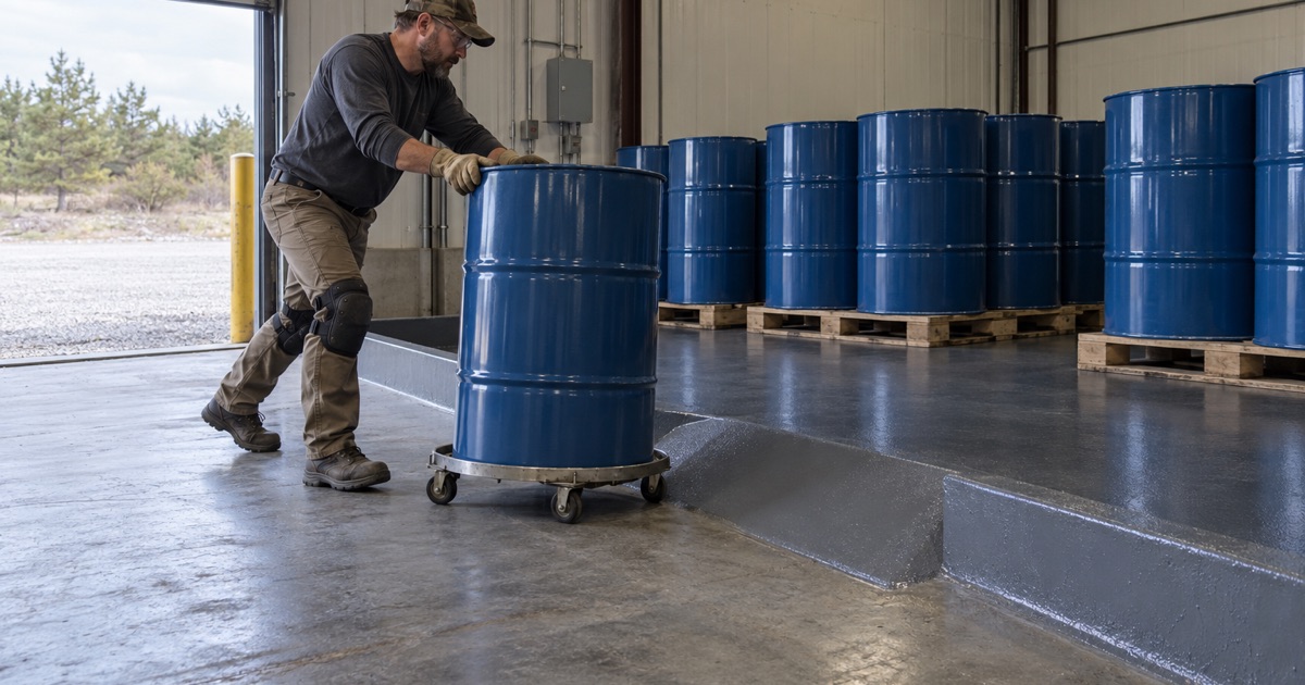 A steel drum rolled into a coated containment area behind a raised curb at a small lubricant blender in Lake Station, Indiana.