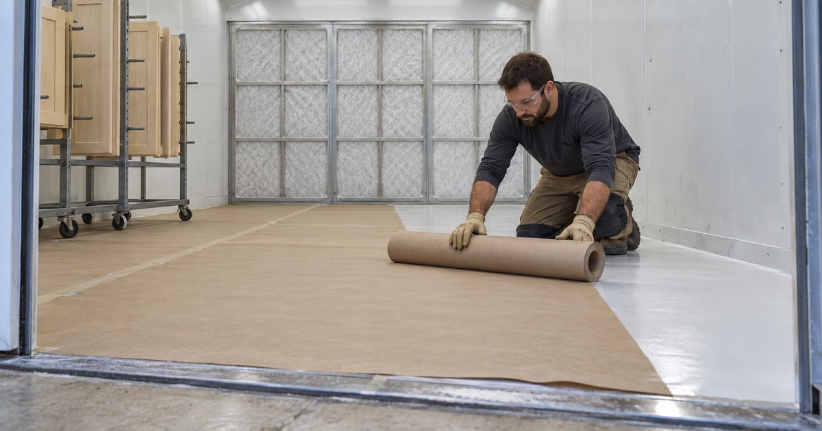 Floor paper unrolled over the coated floor of a spray-finishing booth at a small shop in Lowell, Indiana.