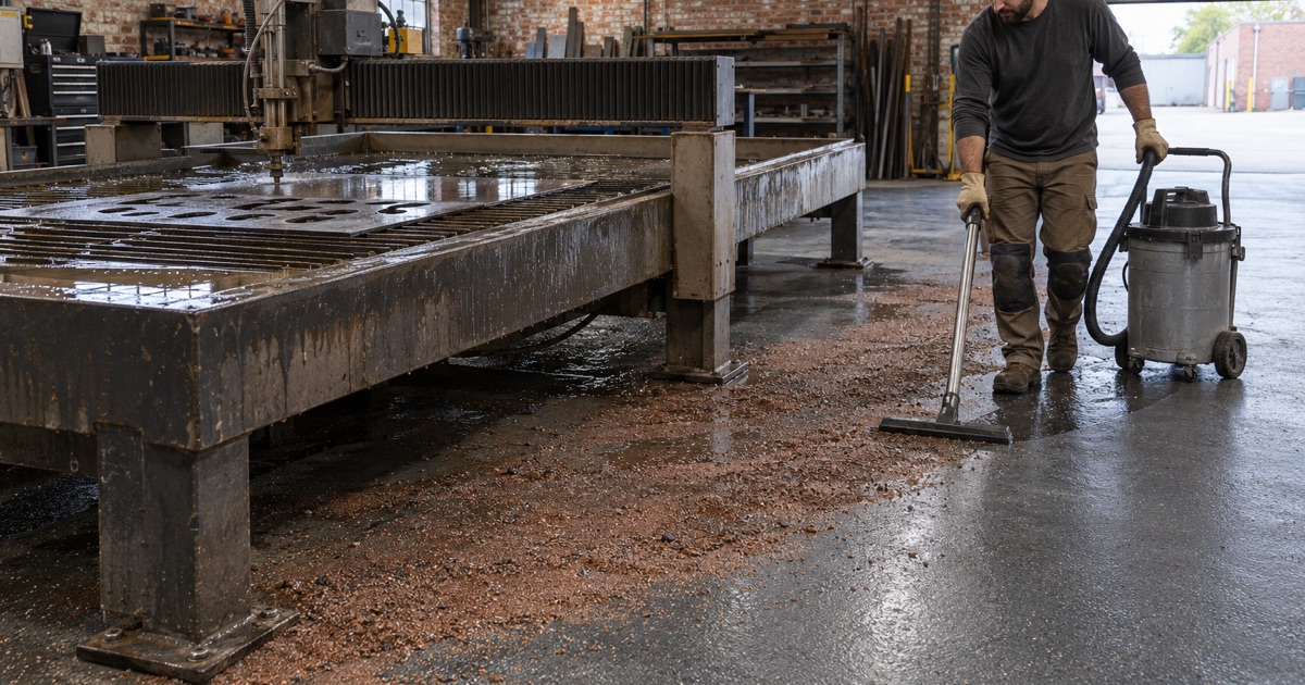 Wet spent garnet vacuumed off a textured coated floor beside a waterjet cutting table in a Lyons tool shop.