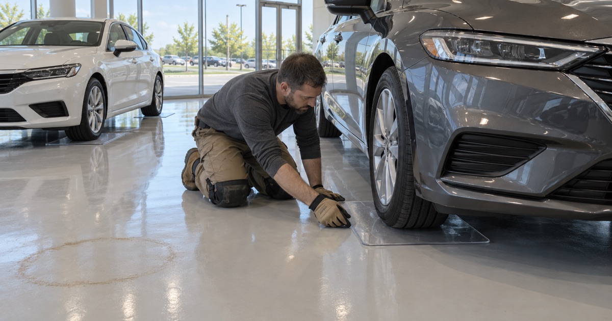 A clear protective mat slid under a car’s tire on a light coated showroom floor at a Matteson dealership.