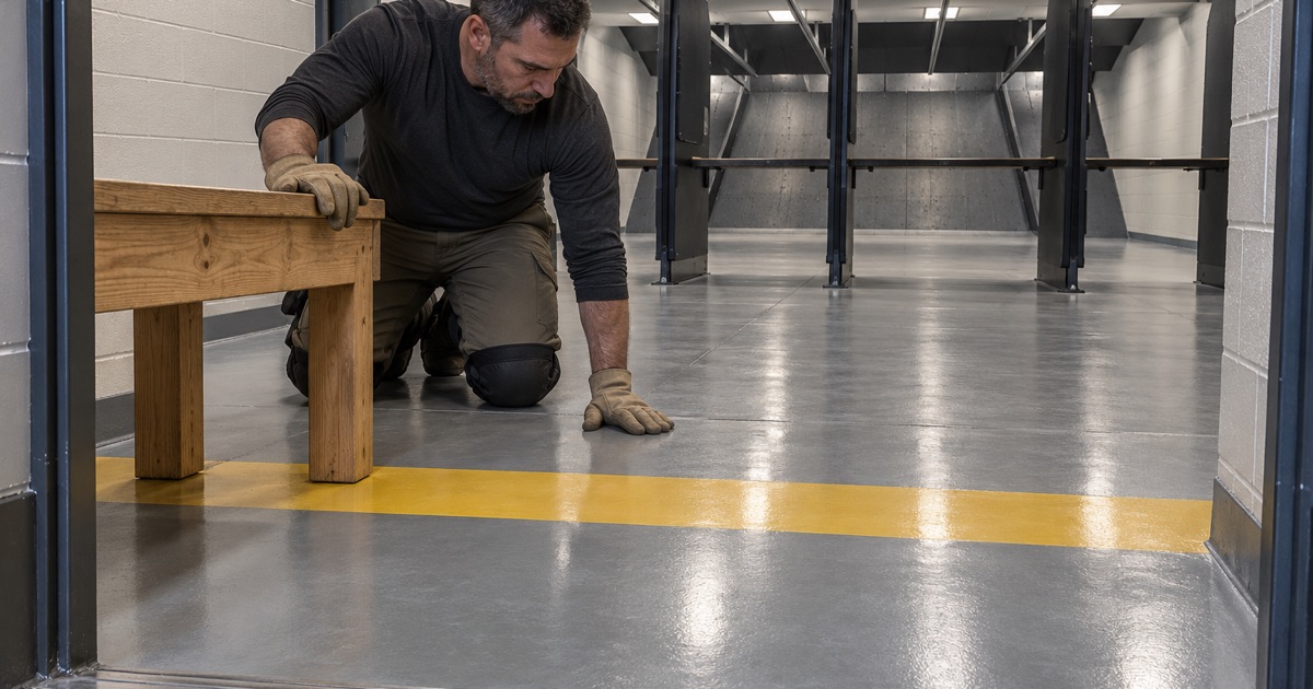 A sealed, coated firing-range floor and its striped shoe-change line at the range door in Mokena.