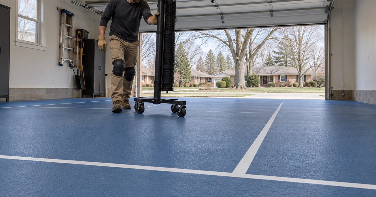 Pickleball court lines on a textured coated floor in an attached garage of a Palos Heights house.