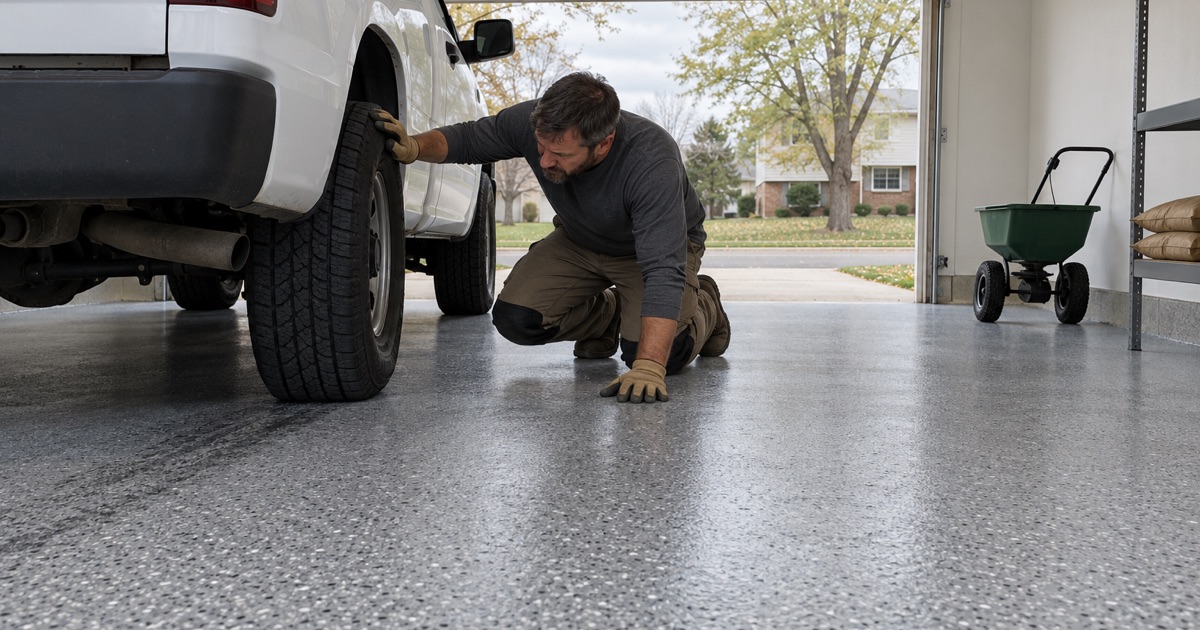 A sealed garage floor in Richton Park with fertilizer and the spreader kept off bare concrete