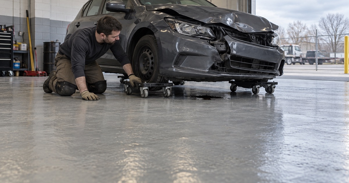 A light coated tow-garage floor in Summit showing a small battery-fluid spot under a damaged car on wheel dollies.
