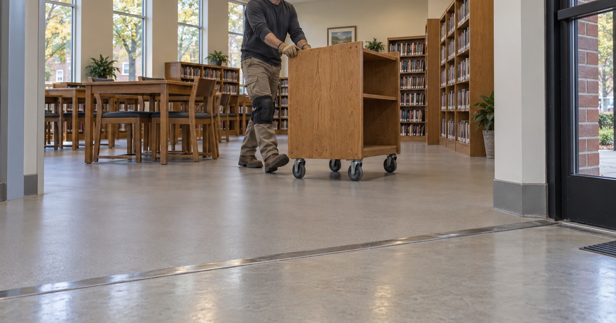 A cushioned seamless floor in a library reading room meeting a hard coated entry floor at a transition strip in Worth.