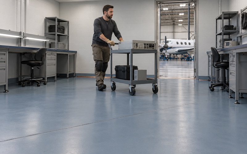 A static-dissipative floor in an avionics repair room at the Gary, Indiana airport, an equipment cart rolled across it.