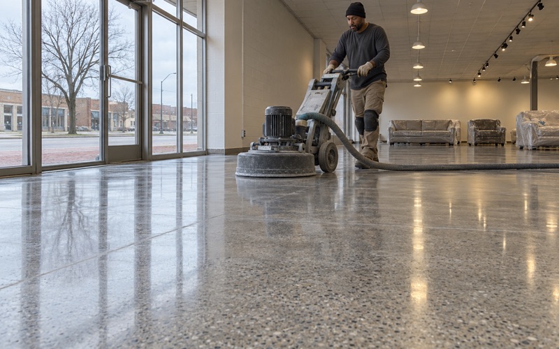A walk-behind polisher bringing up the sheen on the concrete floor of a former auto showroom on an old Gary avenue, now a furniture store.