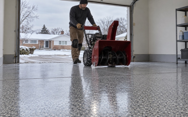 A snow blower rolled back onto a new polyaspartic flake floor the same day in a Gary, Indiana garage, early winter outside.