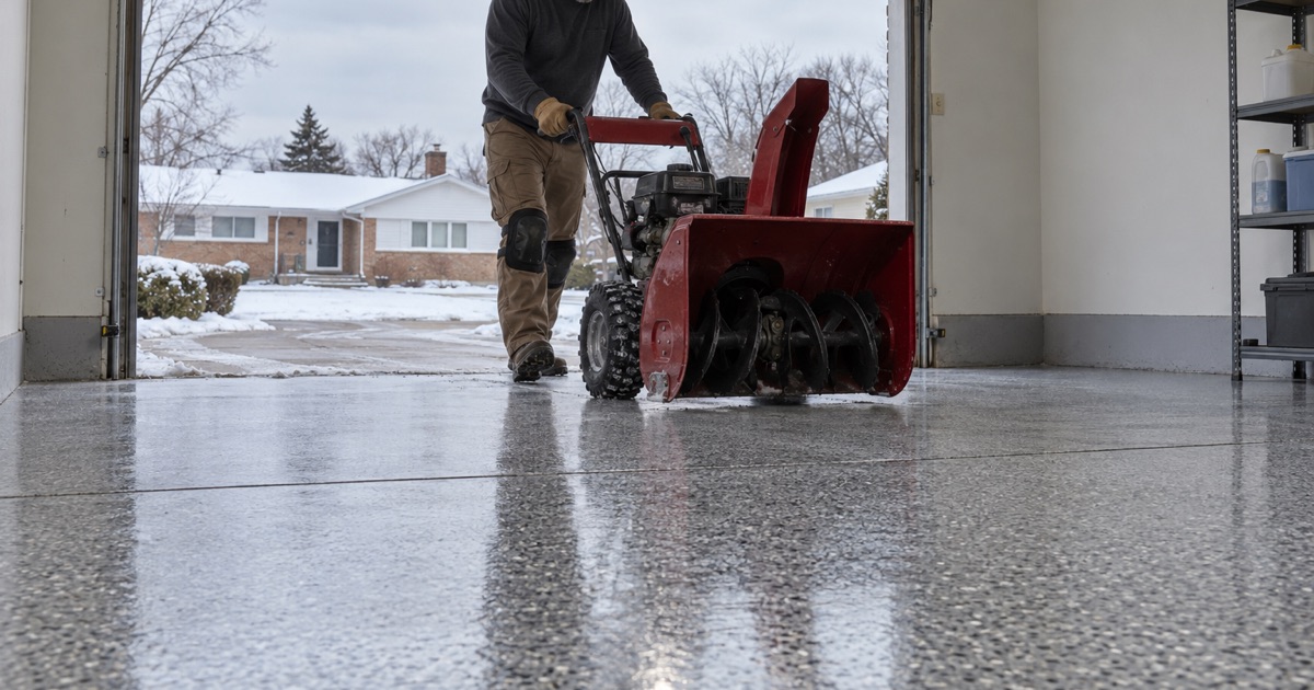 A snow blower rolled back onto a new polyaspartic flake floor the same day in a Gary, Indiana garage, early winter outside.